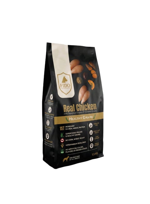 FIDO Premium Adult Dogs Dry Food - Real Chicken with Healthy Grains - 1.5kg (All Breeds)